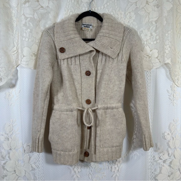 Vintage 60s 70s Wool Cardigan Sweater Cream Beige Belted Hippie Boho Size Xs - Picture 2 of 8